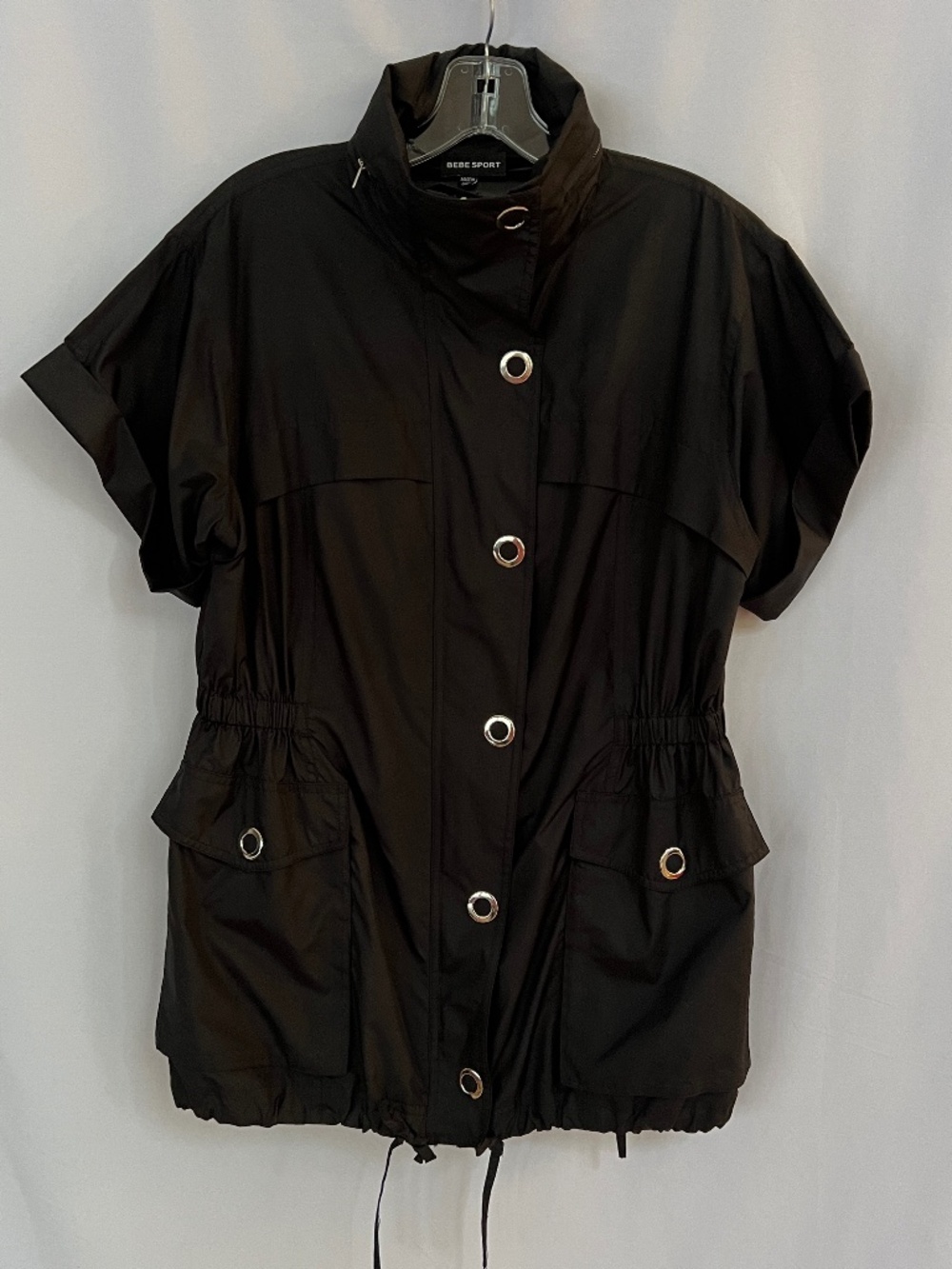 Bebe Sport Nylon Jacket Short Sleeve Full Zip/ Snap Button Hoodie Black  Sz L